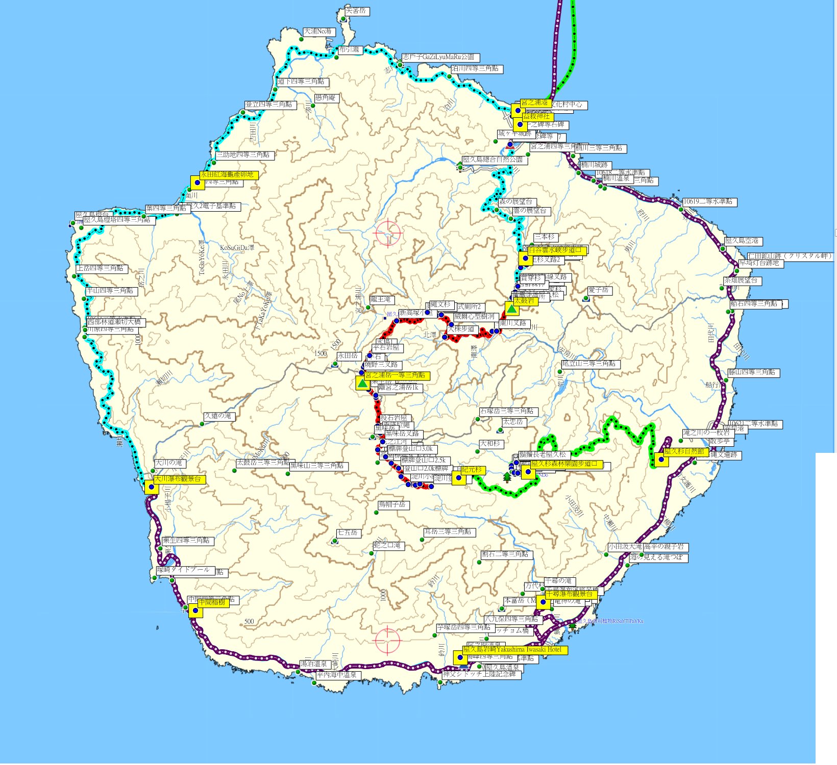 湯峰、二等水準點10617、一等水準點2470、番所【未竟】、指宿港、白山【未竟】與出水南小學【未竟】-日本南九州屋久島等景點與基石之旅【含白谷雲水峽步道與屋久杉森林樂園等步道】