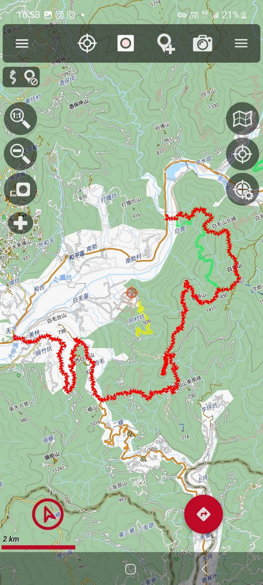 20230417搭公車至白鹿橋走白毛山全稜~北峰主峰西南峰臭頭黑田,續行白毛林道接台21道出天冷